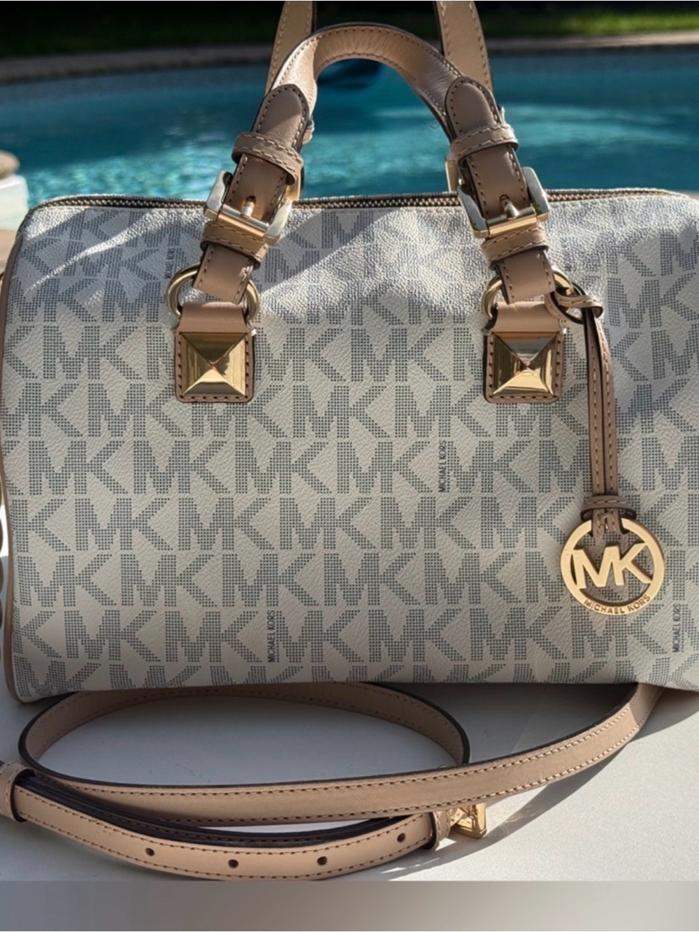 Michael Kors Signature MK Satchel in Beige and Gold